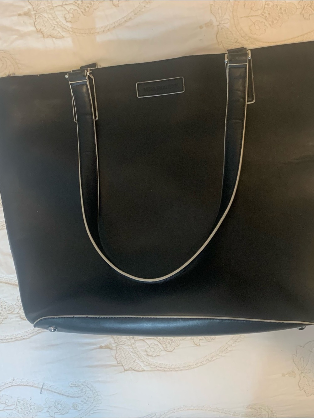 Vera Bradley Black Leather Tote Bag with Contrast Piping Large Size